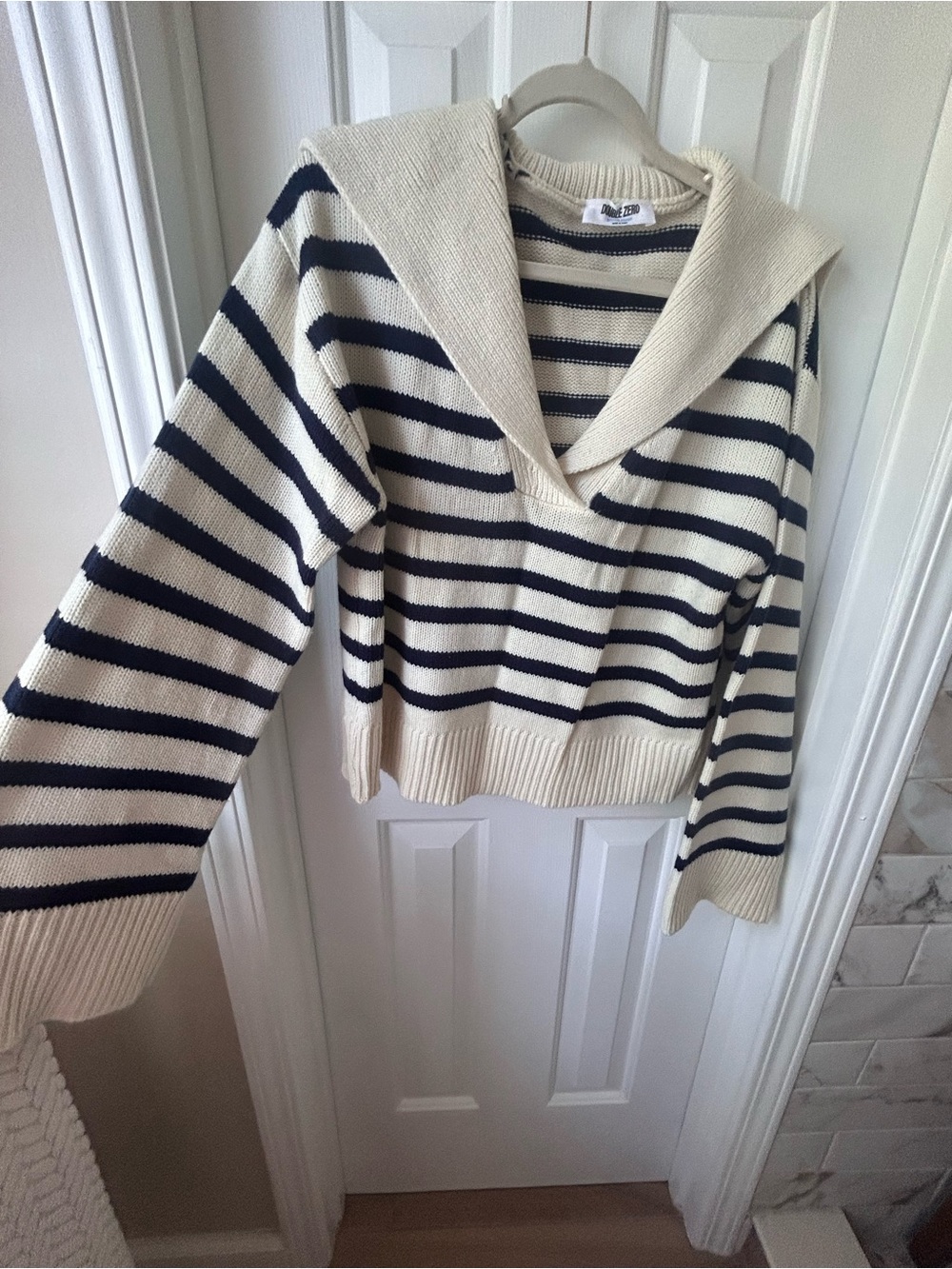 DOUBLE ZERO Navy Striped Sailor Collar Sweater